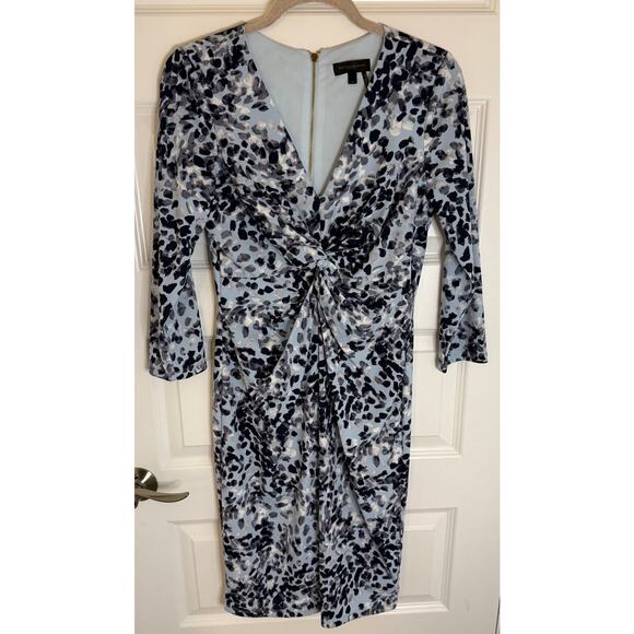 Donna Karan NY Twist Front Sheath Dress Blue Print Lined Size 6 Midi Elegant - Picture 1 of 6